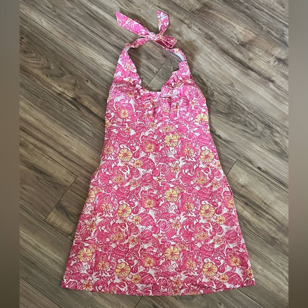 Lilly Pulitzer Halter Dress Pink/Yellow Floral/Fish/Shell Chum Bucket size 10